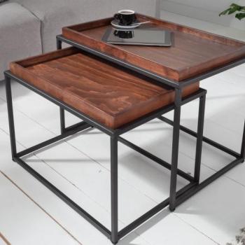 Estila Industriálny vkusný set obdĺžnikových príručných stolíkov Elements s drevenou povrchovou doskou 45cm obrázok