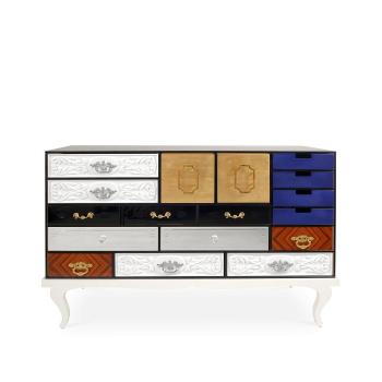 Estila Luxusná moderná komoda Mondrian z lakovaného masívneho dreva s 15timi dizajnovými zásuvkami a dvomi dvierkami 140cm obrázok