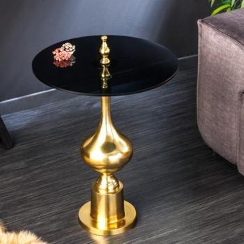 Estila Luxusný art deco príručný stolík Marietta so zlatou ozdobnou podstavou a čiernou okrúhlou vrchnou doskou 65cm obrázok