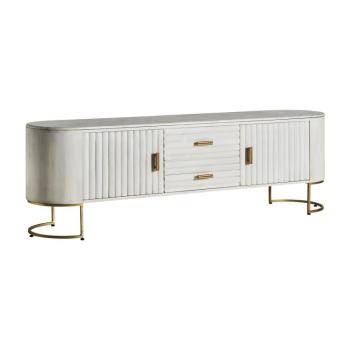 Estila Luxusný art deco TV stolík Sedge z mangového dreva bielej farby so zlatou kovovou konštrukciou 200cm obrázok