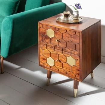 Estila Masívny príručný stolík Roslin z akáciového dreva hnedej farbe so zlatými prvkami a dvomi zásuvkami 55cm obrázok