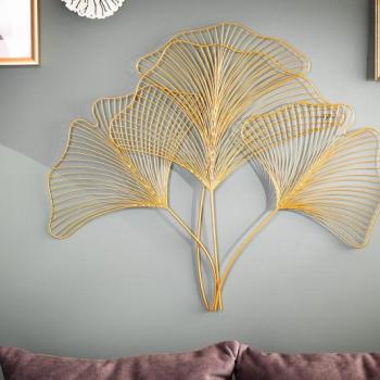 Estila Moderná florálna nástenná kovová dekorácia Biloba III zlatej farby 90cm obrázok
