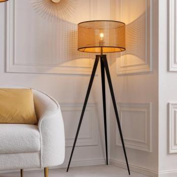 Estila Moderná stojaca lampa Citadel s okrúhlym tienidlom s viedenským výpletom svetlohnedej farby a čiernymi nohami 140cm obrázok