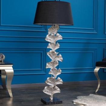 Estila Moderná stojaca lampa Ginka v striebornom prevedení s ozdobnými listami ginka a s čiernym tienidlom 122cm obrázok