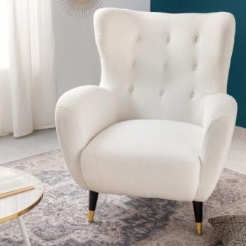 Estila Moderné buklé kreslo Sintra s biely poťahom a kovovými nožičkami 106cm obrázok