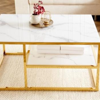 Estila Moderný biely konferenčný stolík Gold Marbleux s mramorovým vzhľadom a kovovou konštrukciou zlatej farby obdĺžnikový 90cm obrázok