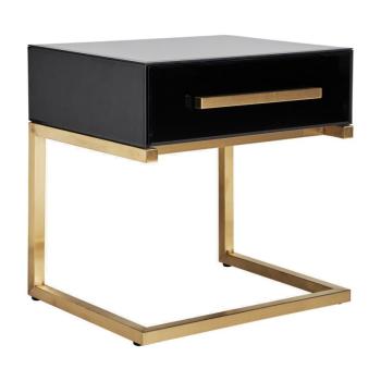 Estila Moderný čierny nočný stolík Flara v sklenenom art-deco vyhotovení so zásuvkou a kovovými nožičkami v zlatej farbe 51cm obrázok
