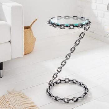 Estila Moderný dizajnový príručný stolík Belime Silver s kovovou reťazovou konštrukciou a okrúhlou doskou zo skla 55cm obrázok