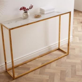 Estila Moderný konzolový stolík Gold Marbleux s vrchnou doskou v prevedení biely mramor s kovovou podstavou v zlatej farbe 81cm obrázok