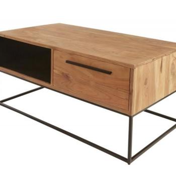 Estila Moderný masívny konferenčný stolík Linear z dreva akácie s čiernymi kovovými nohami a úložným priestorom 110cm obrázok