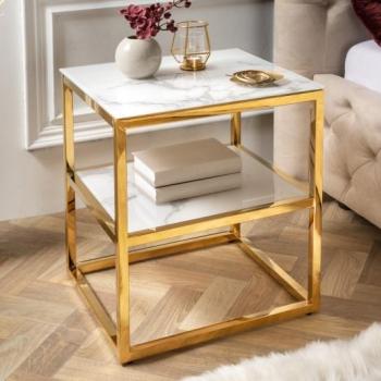 Estila Moderný nočný stolík Gold Marbleux z bezpečnostného skla s bielym mramorovým vzhľadom s kovovou podstavou zlatá 50cm obrázok