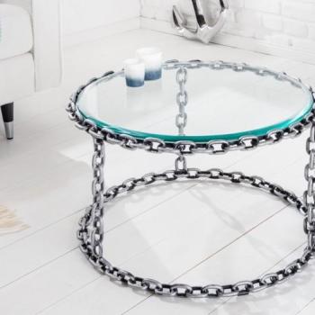 Estila Moderný okrúhly konferenčný stolík Belime Silver II s kovovou reťazovou konštrukciou a sklenenou doskou 40cm obrázok