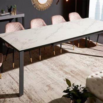 Estila Moderný rozkladací jedálenský stôl Industria Marbleux s čiernymi nožičkami z kovu vzhľad biely mramor obdĺžnikový 180(240)cm obrázok
