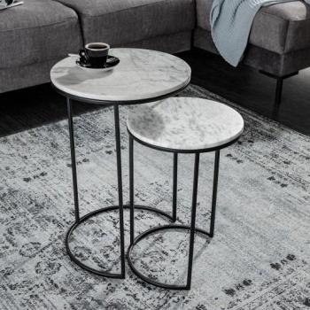 Estila Moderný set dvoch mramorových príručných stolíkov Elements okrúhleho tvaru s bielou doskou a čiernou konštrukciou obrázok