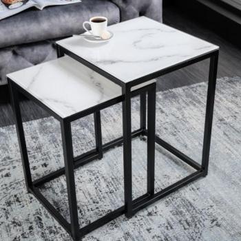 Estila Moderný set príručných stolíkov Industria Marbleux s čiernou kovovou podstavou v prevedení mramor biely 55cm obrázok