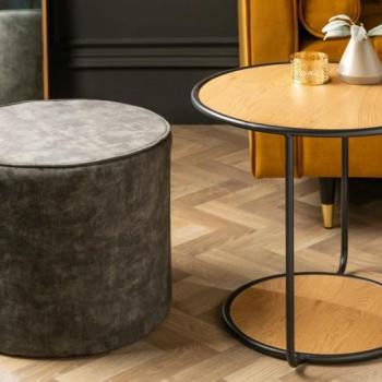 Estila Moderný set Taller s príručným stolíkom v hnedej farbe s čiernou kovovou konštrukciou a sivou čalúnenou taburetkou 55cm obrázok