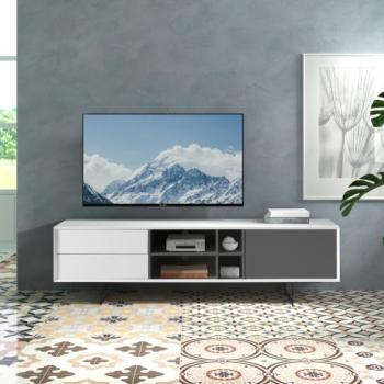 Estila Moderný TV stolík Chrysler v lesklom bielom prevedení so sivými zásuvkami s čiernymi nožičkami 180cm obrázok