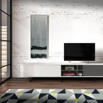 Estila Moderný TV stolík Chrysler v lesklom bielom prevedení so sivými zásuvkami s čiernymi nožičkami 240cm obrázok