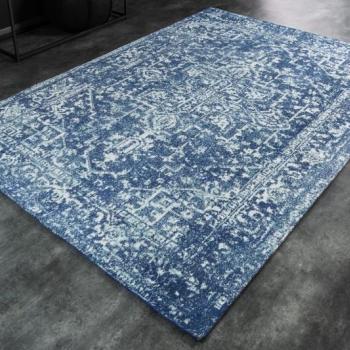 Estila Obdĺžnikový vintage modrý koberec Mistal z hladkej pevnej ženilkovej bavlny s bielym vzorom 160x230cm obrázok