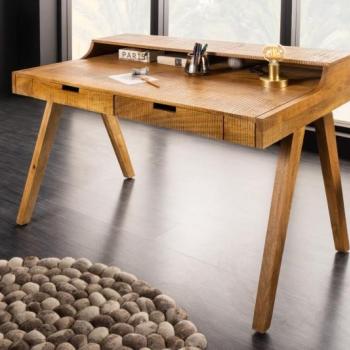 Estila Retro masívny písací stôl Akácia z mangového hnedého dreva s lakovaným povrchom na šikmých nožičkách so zásuvkami 120cm obrázok