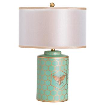 Estila Retro štýlová tyrkysová stolná lampa Fachas Verdura s bledým tienidlom a včelým motívom so zlatými detailmi 45cm obrázok