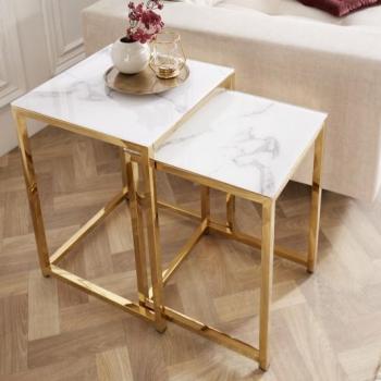 Estila Set dvoch moderných príručných stolíkov Gold Marbleux v prevedení biely mramor s kovovou podstavou v zlatej farbe 55cm obrázok