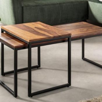 Estila Set industriálnych obdĺžnikových konferenčných stolíkov Elements v prírodnej hnedej farbe s čiernou kovovou podstavou 100cm obrázok