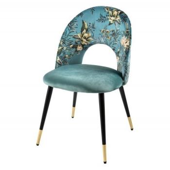 Estila Štýlová art deco čalúnená stolička Floreque v tyrkysovom vyhotovení s kvetinovou potlačou a kovovými nožičkami 83cm obrázok