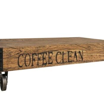 Estila Štýlový masívny konferenčný stolík Cafetalero s vyrytými nápismi v štruktúrovanom industriálnom prevedení na kolieskach 120cm obrázok