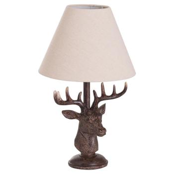 Estila Vidiecka hnedá stolná lampa Cervato v tvare jeleňa s bledým textilným tienidlom 48cm obrázok