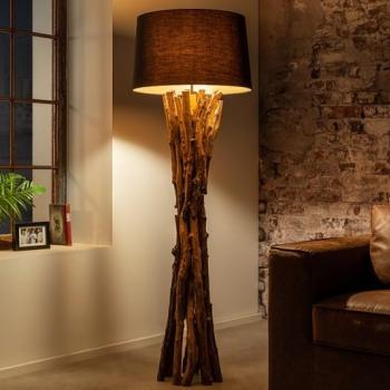 Estila Vidiecka stojaca lampa Missle z teakového dreva v prírodnej hnedej farbe s čiernym textilným tienidlom 150cm obrázok