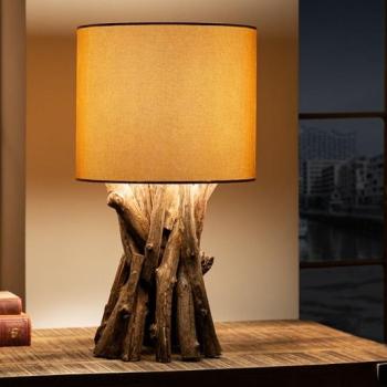 Estila Vidiecka stolná lampa Missle z prírodného teakového dreva s okrúhlym béžovým tienidlom 50cm obrázok