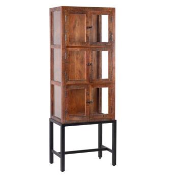 Estila Vintage masívna vitrína Revia z akáciového dreva prírodnej hnedej farby s čiernou kovovou podstavou 173cm obrázok