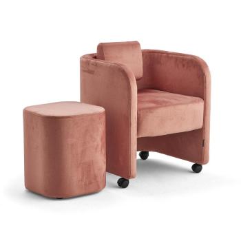 Nábytková zostava COMFY, kreslo + taburet, s kolieskami, zamat, lososová ružová obrázok