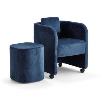 Nábytková zostava COMFY, kreslo + taburet, s kolieskami, zamat, modrá obrázok