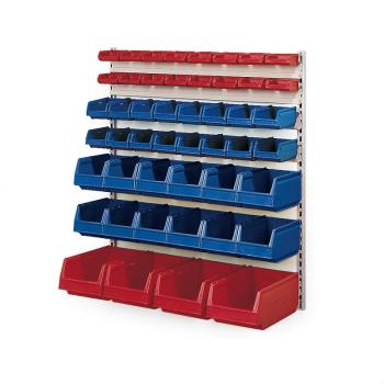 Nástenný regál so 48 plastovými boxami obrázok