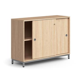 Skriňa s posuvnými dverami QBUS, 1 polica, na nožičkách, s madlom, 868x1200x400 mm, strieborná, dub obrázok