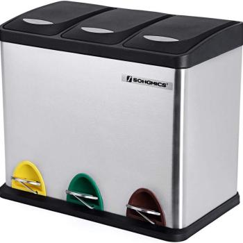 SONGMICS Odpadkový kôš LTB24L na triedený odpad, 3 x 8 L, strieborný, nerez obrázok