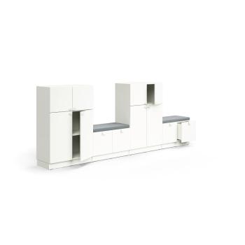 Úložná skriňa QBUS, 2 skrinky + 2 lavice, so soklom, 1257x3200x420 mm, biela, šedá poduška obrázok