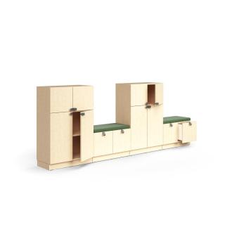 Úložná skriňa QBUS, 2 skrinky + 2 lavice, so soklom, 1257x3200x420 mm, breza, zelená poduška obrázok