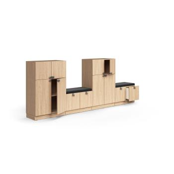 Úložná skriňa QBUS, 2 skrinky + 2 lavice, so soklom, 1257x3200x420 mm, dub, tmavošedá poduška obrázok